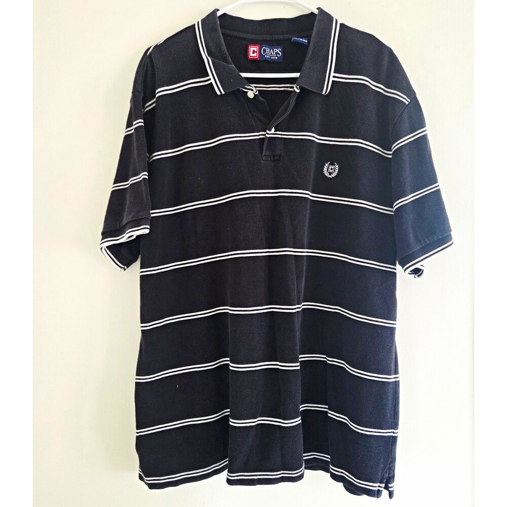 Chaps Men's 2XL Black/White Striped Polo Shirt Short Sleeve Collared Logo